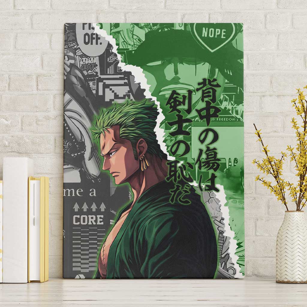 Zoro One Piece Green Theme Canvas Wall Art with Manga Collage and Dual Portrait Swordmaster Design - The Mazicc