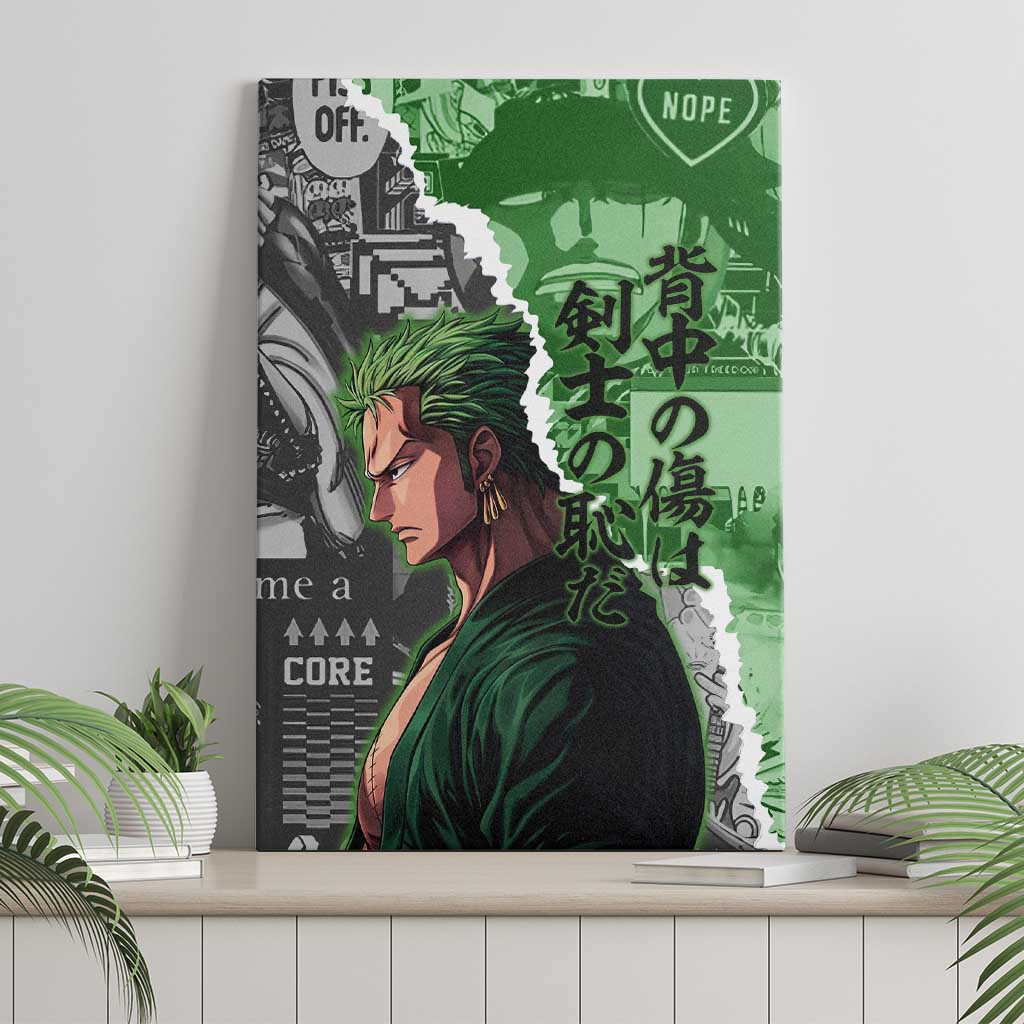 Zoro One Piece Green Theme Canvas Wall Art with Manga Collage and Dual Portrait Swordmaster Design - The Mazicc