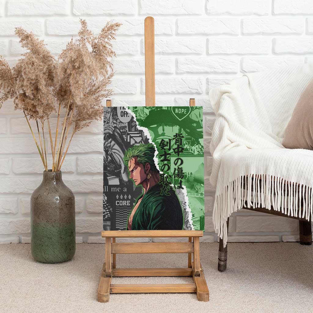 Zoro One Piece Green Theme Canvas Wall Art with Manga Collage and Dual Portrait Swordmaster Design - The Mazicc