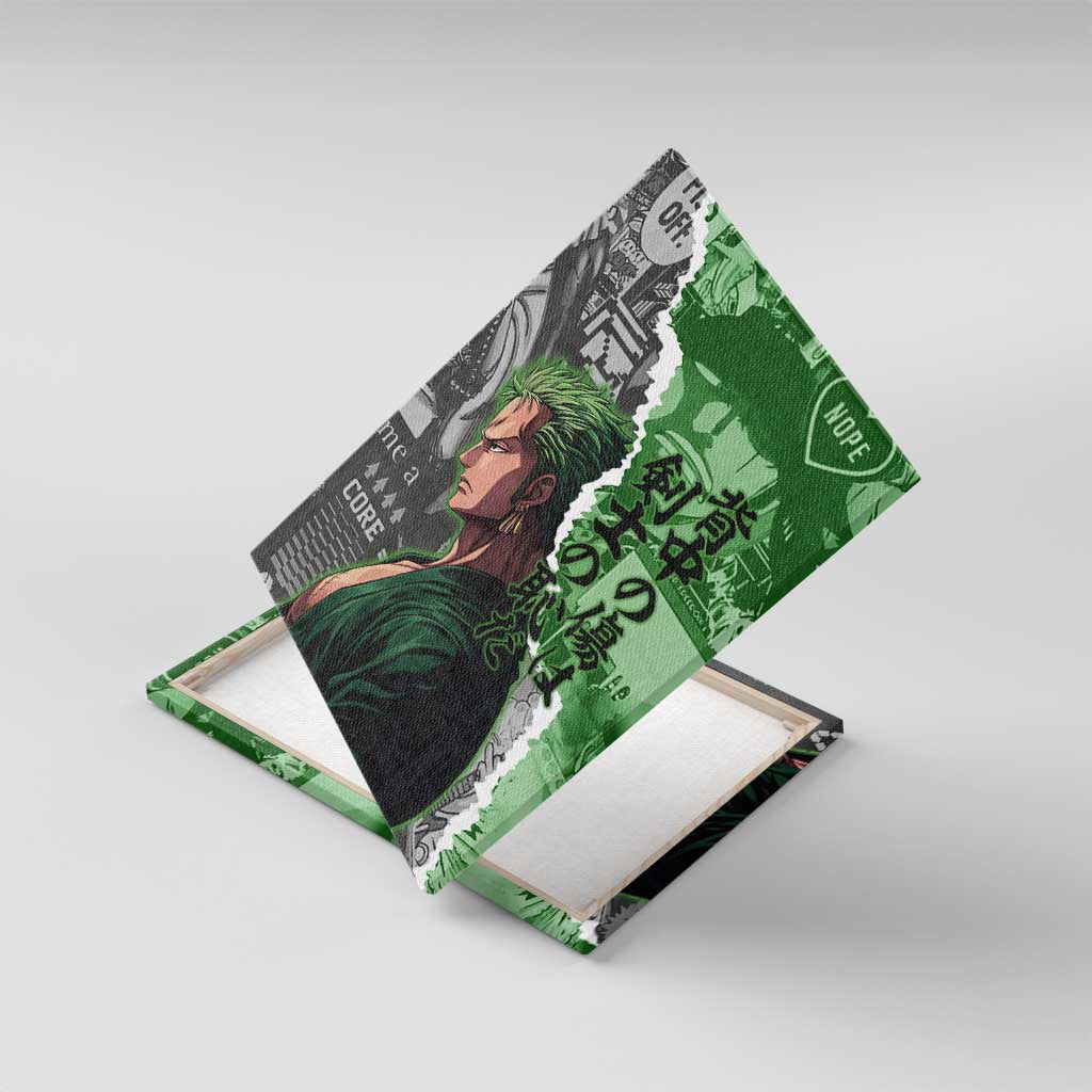 Zoro One Piece Green Theme Canvas Wall Art with Manga Collage and Dual Portrait Swordmaster Design - The Mazicc