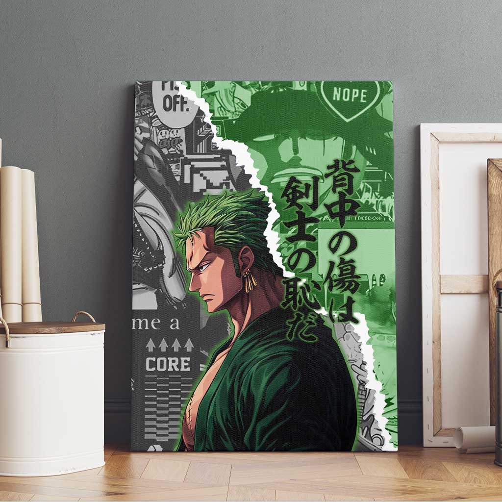 Zoro One Piece Green Theme Canvas Wall Art with Manga Collage and Dual Portrait Swordmaster Design - The Mazicc