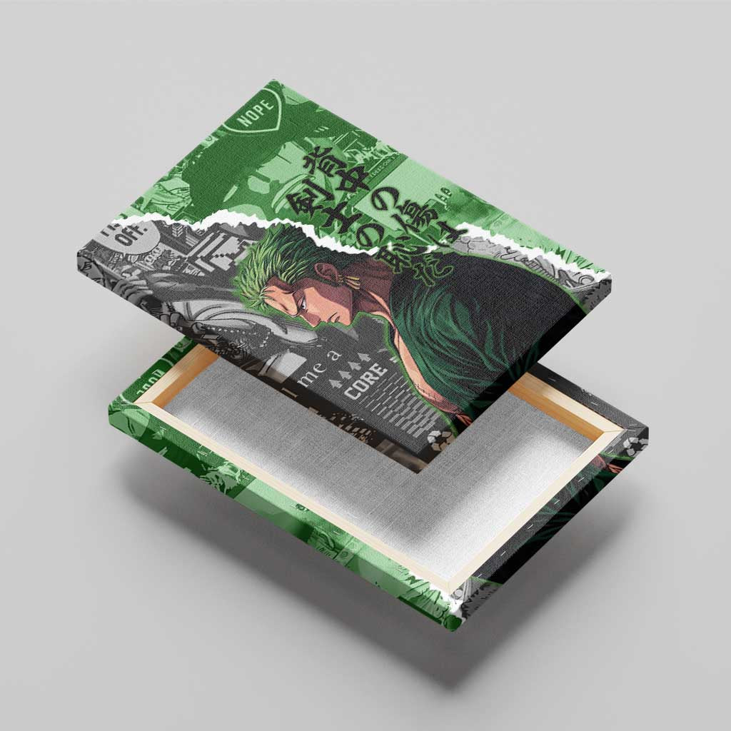 Zoro One Piece Green Theme Canvas Wall Art with Manga Collage and Dual Portrait Swordmaster Design - The Mazicc