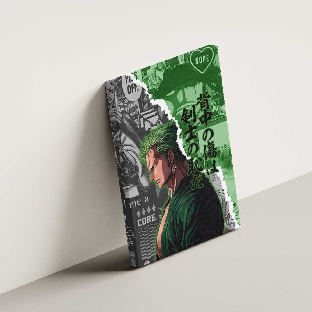 Zoro One Piece Green Theme Canvas Wall Art with Manga Collage and Dual Portrait Swordmaster Design - The Mazicc
