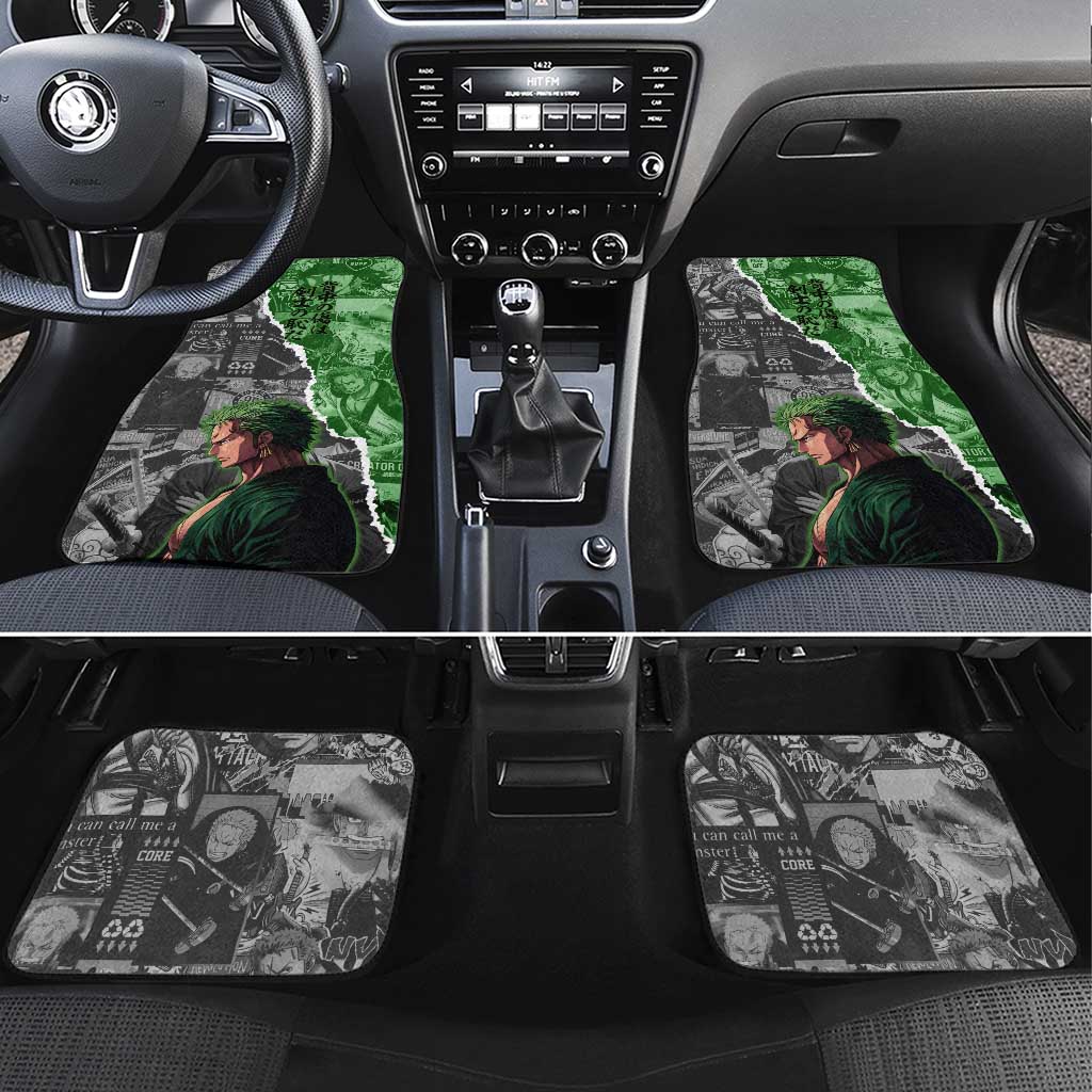 Zoro One Piece Green Theme Car Mats with Manga Collage and Dual Portrait Swordmaster Design - The Mazicc