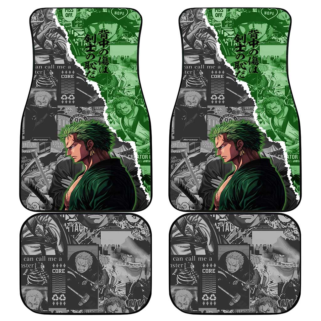 Zoro One Piece Green Theme Car Mats with Manga Collage and Dual Portrait Swordmaster Design - The Mazicc