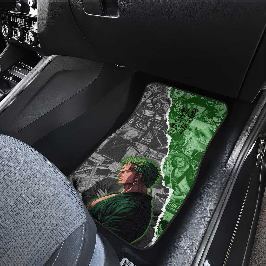 Zoro One Piece Green Theme Car Mats with Manga Collage and Dual Portrait Swordmaster Design - The Mazicc