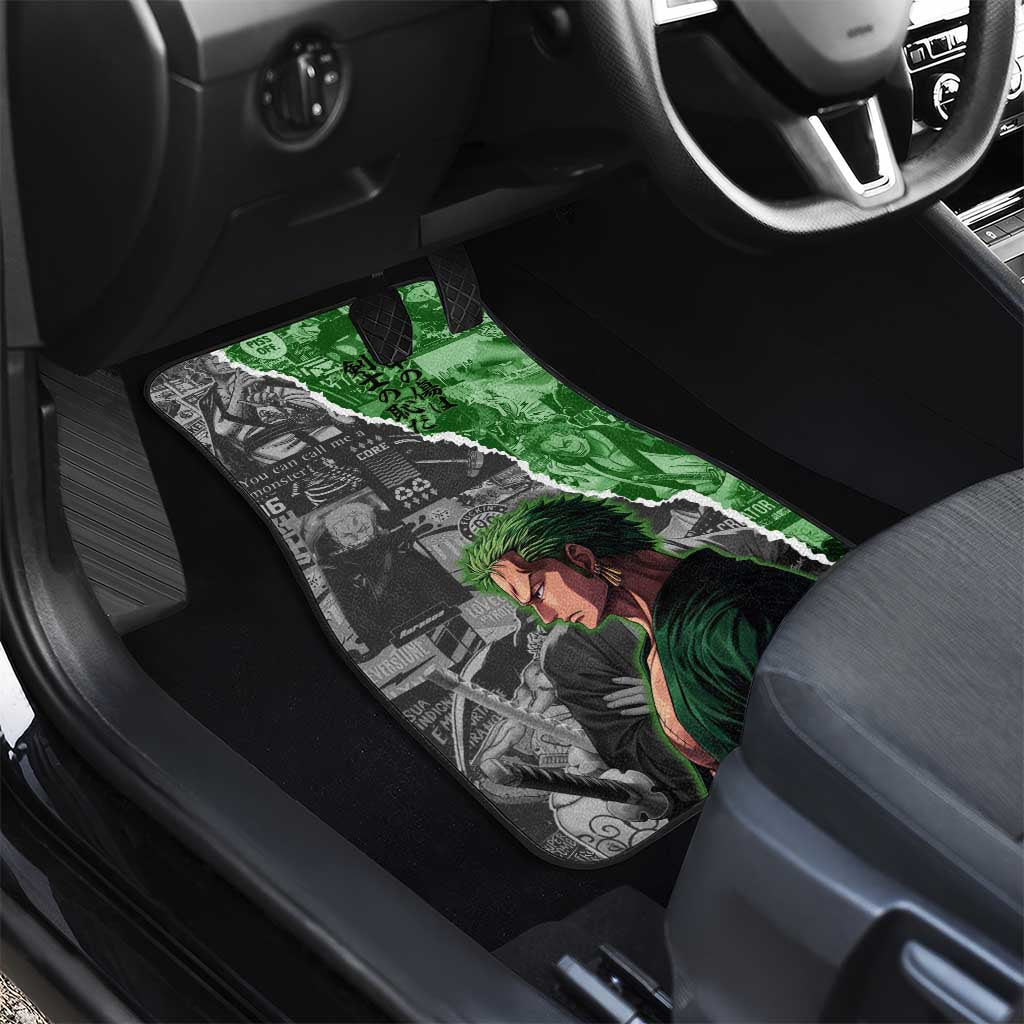 Zoro One Piece Green Theme Car Mats with Manga Collage and Dual Portrait Swordmaster Design - The Mazicc