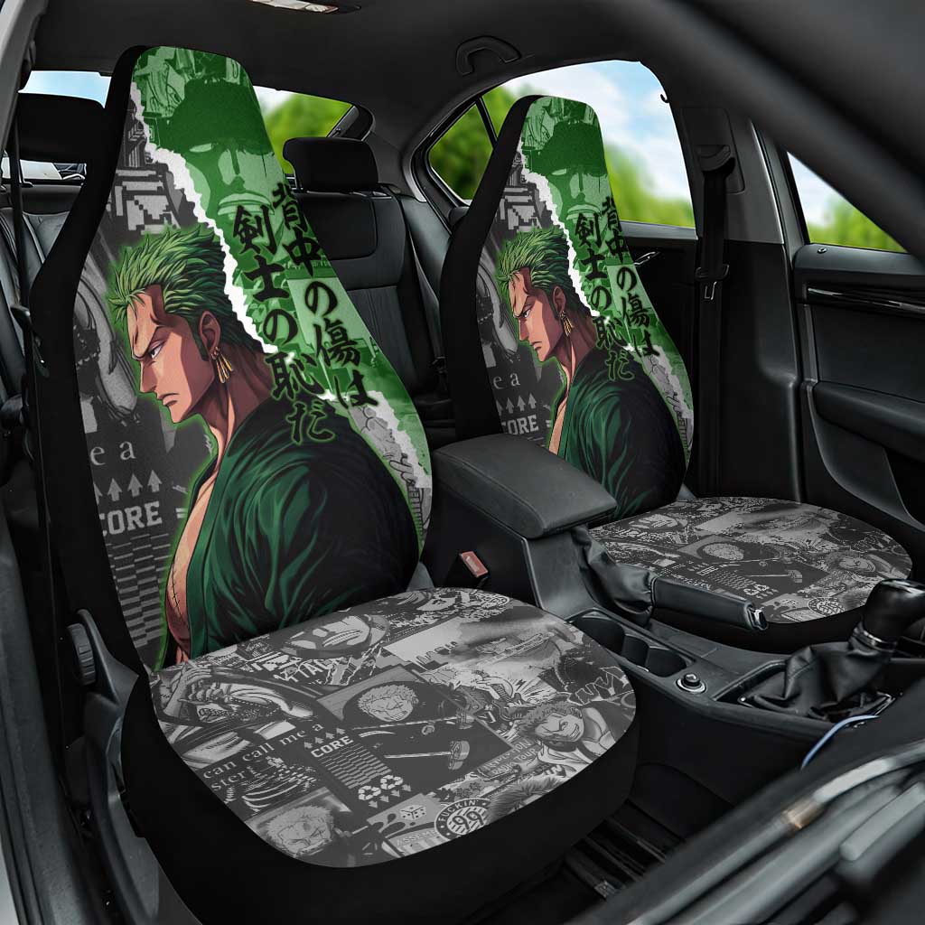 Zoro One Piece Green Theme Car Seat Cover with Manga Collage and Dual Portrait Swordmaster Design - The Mazicc