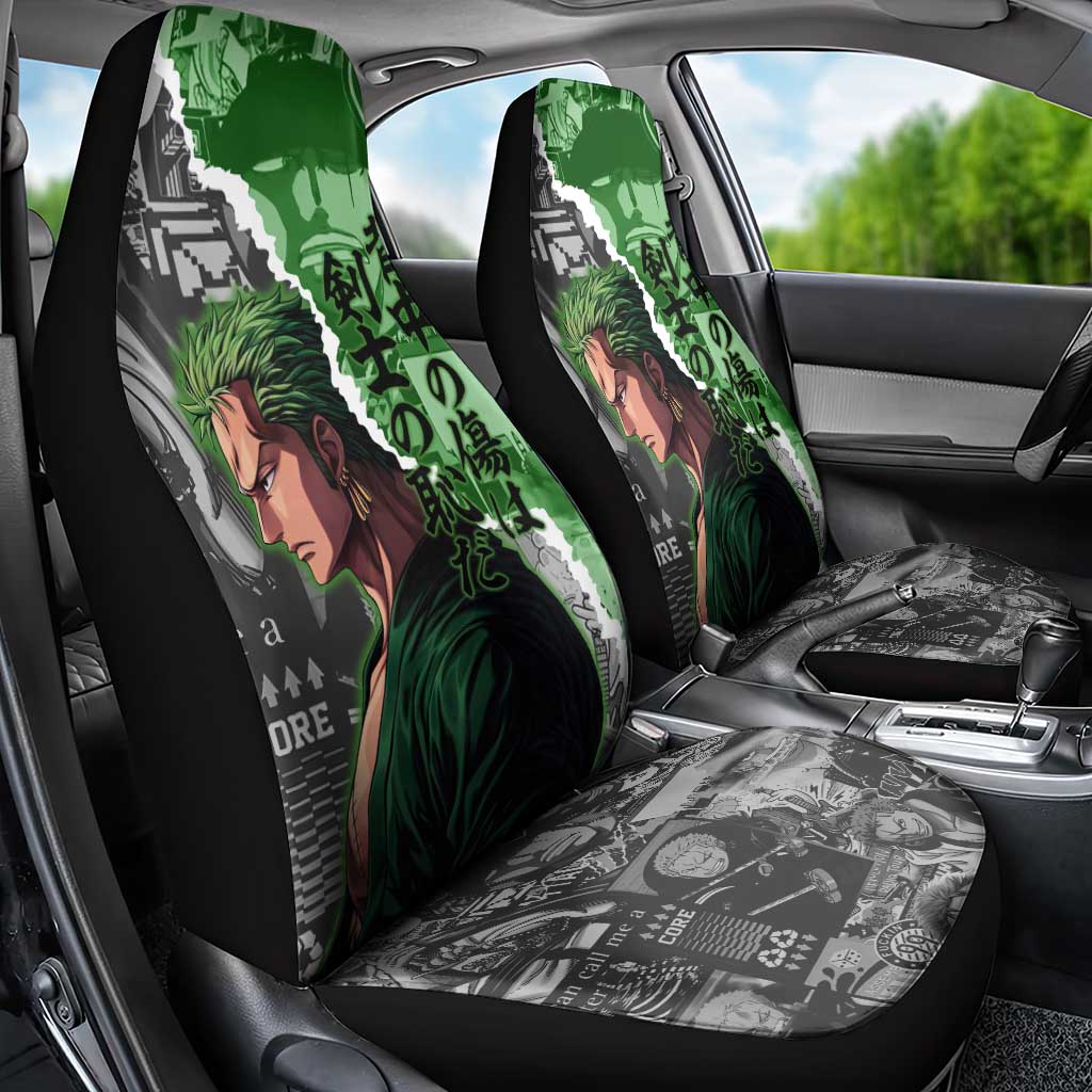 Zoro One Piece Green Theme Car Seat Cover with Manga Collage and Dual Portrait Swordmaster Design - The Mazicc