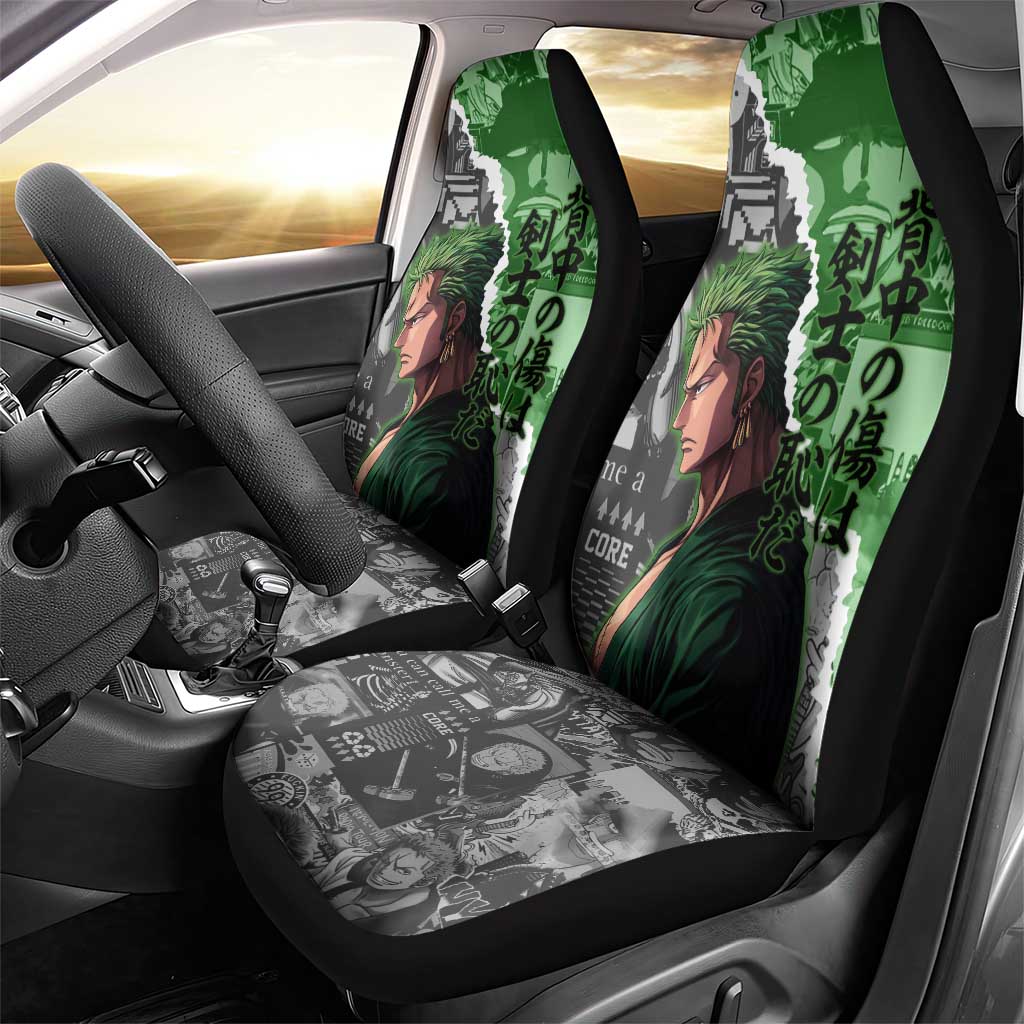 Zoro One Piece Green Theme Car Seat Cover with Manga Collage and Dual Portrait Swordmaster Design - The Mazicc
