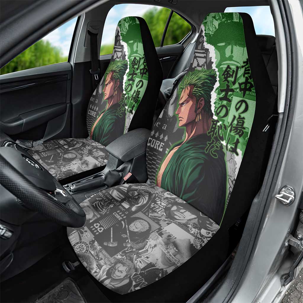 Zoro One Piece Green Theme Car Seat Cover with Manga Collage and Dual Portrait Swordmaster Design - The Mazicc