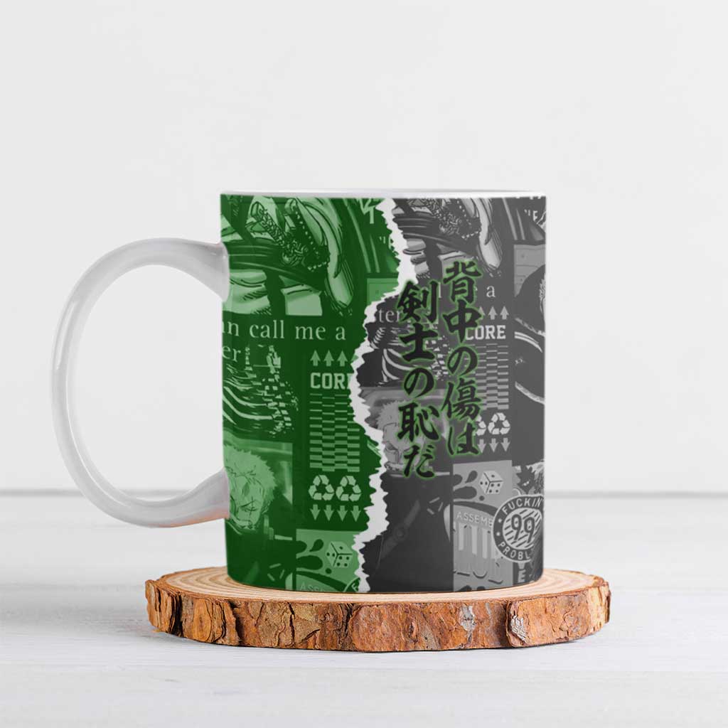 Zoro One Piece Green Theme Ceramic Mug with Manga Collage and Dual Portrait Swordmaster Design - The Mazicc