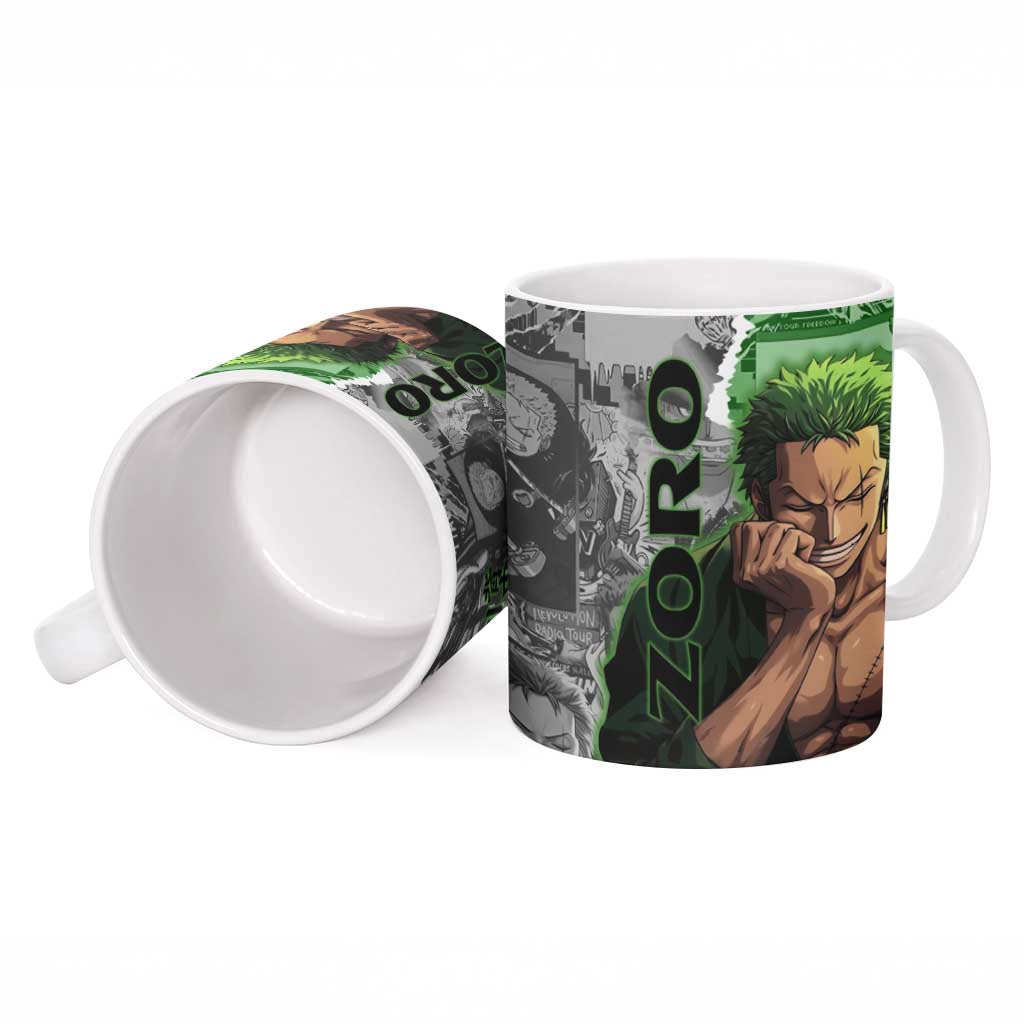 Zoro One Piece Green Theme Ceramic Mug with Manga Collage and Dual Portrait Swordmaster Design - The Mazicc