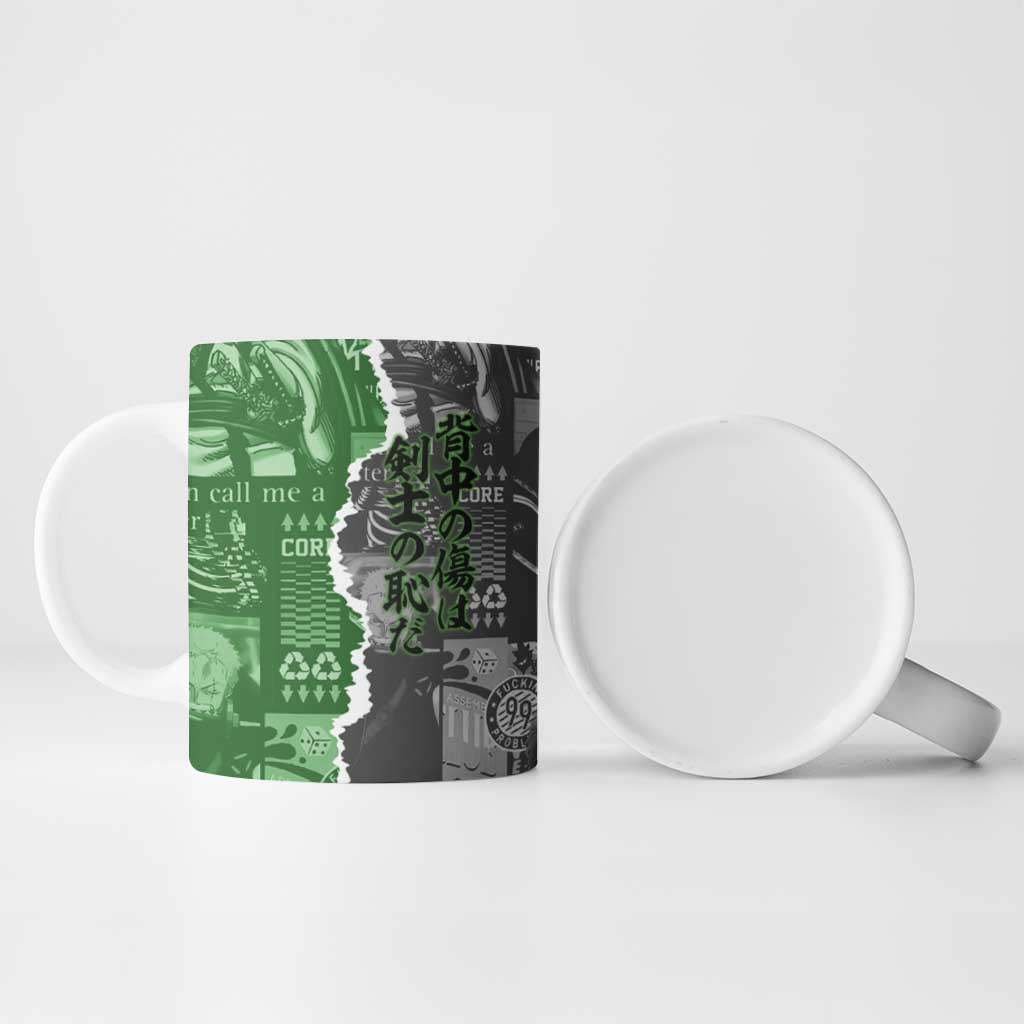 Zoro One Piece Green Theme Ceramic Mug with Manga Collage and Dual Portrait Swordmaster Design - The Mazicc