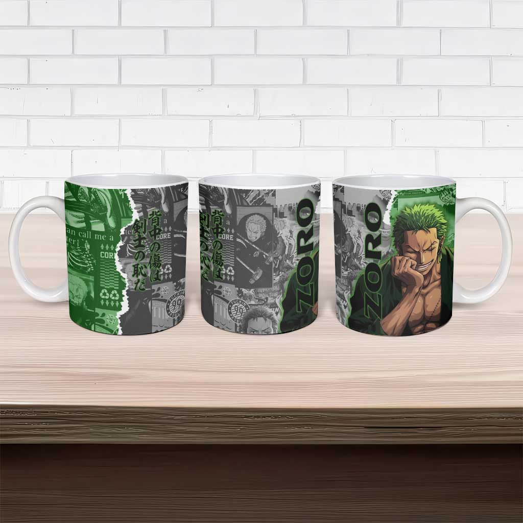 Zoro One Piece Green Theme Ceramic Mug with Manga Collage and Dual Portrait Swordmaster Design - The Mazicc