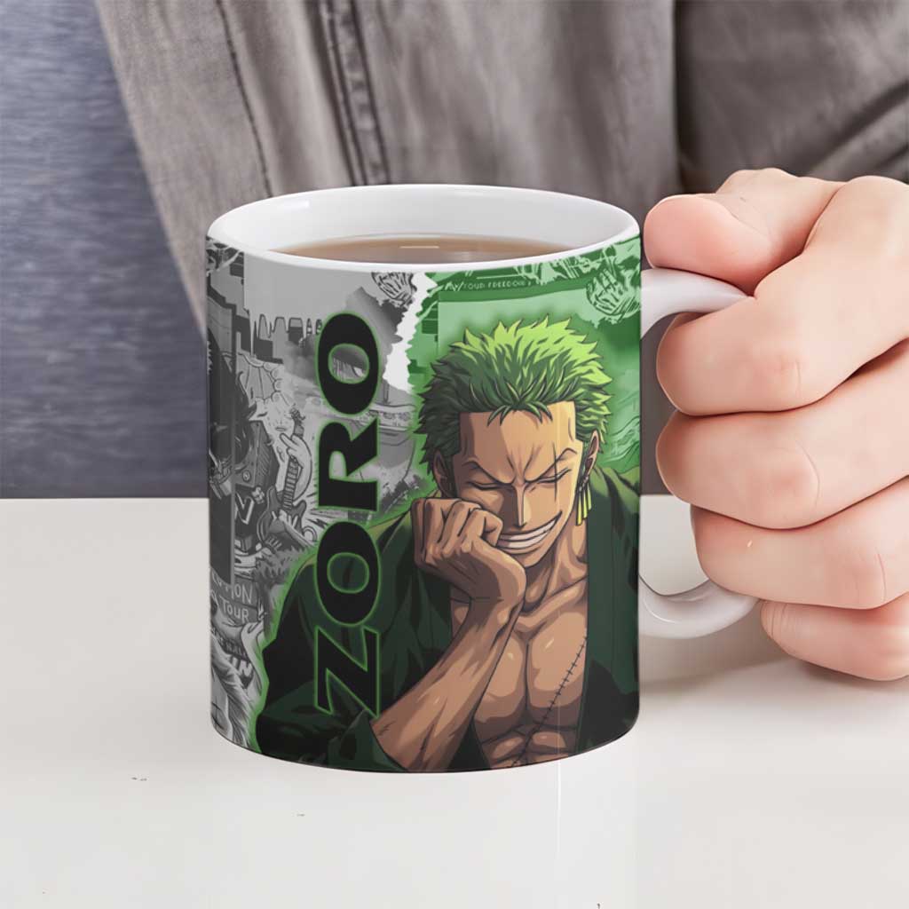 Zoro One Piece Green Theme Ceramic Mug with Manga Collage and Dual Portrait Swordmaster Design - The Mazicc