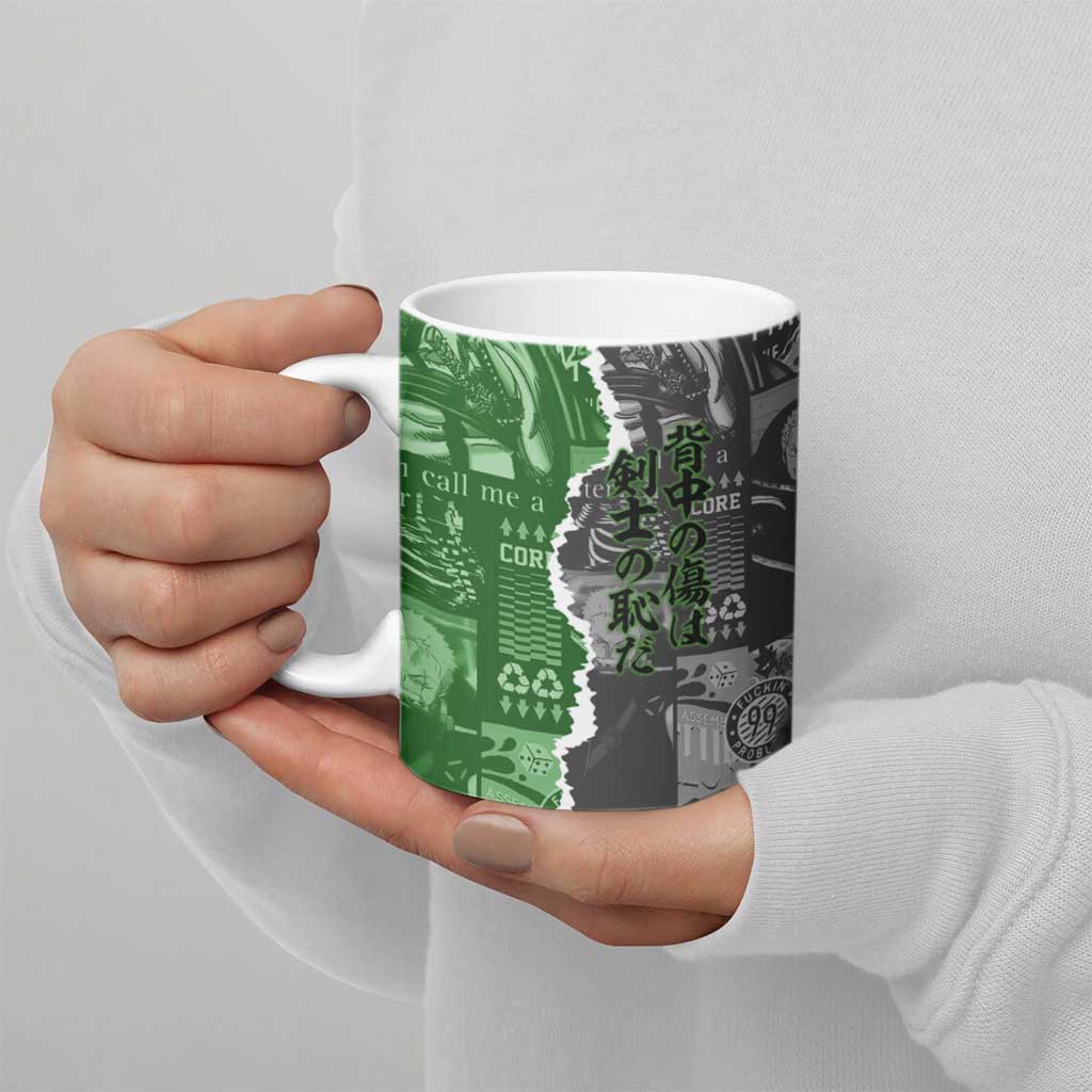 Zoro One Piece Green Theme Ceramic Mug with Manga Collage and Dual Portrait Swordmaster Design - The Mazicc
