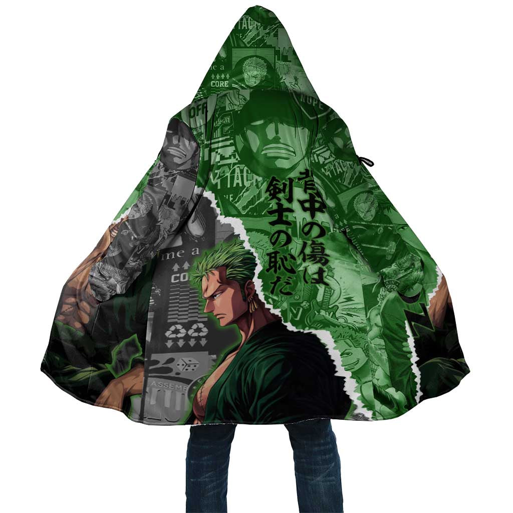 Zoro One Piece Green Theme Cloak with Manga Collage and Dual Portrait Swordmaster Design - The Mazicc