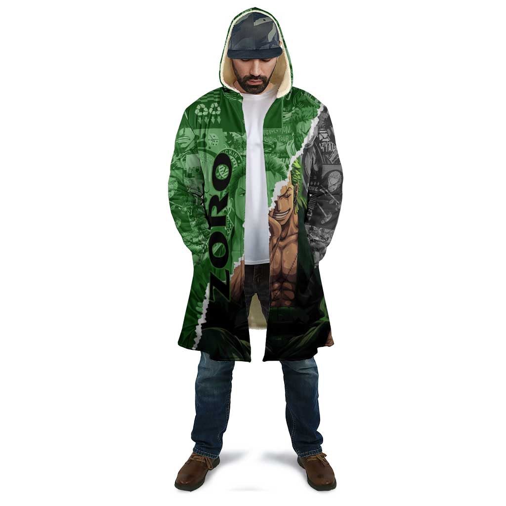 Zoro One Piece Green Theme Cloak with Manga Collage and Dual Portrait Swordmaster Design - The Mazicc