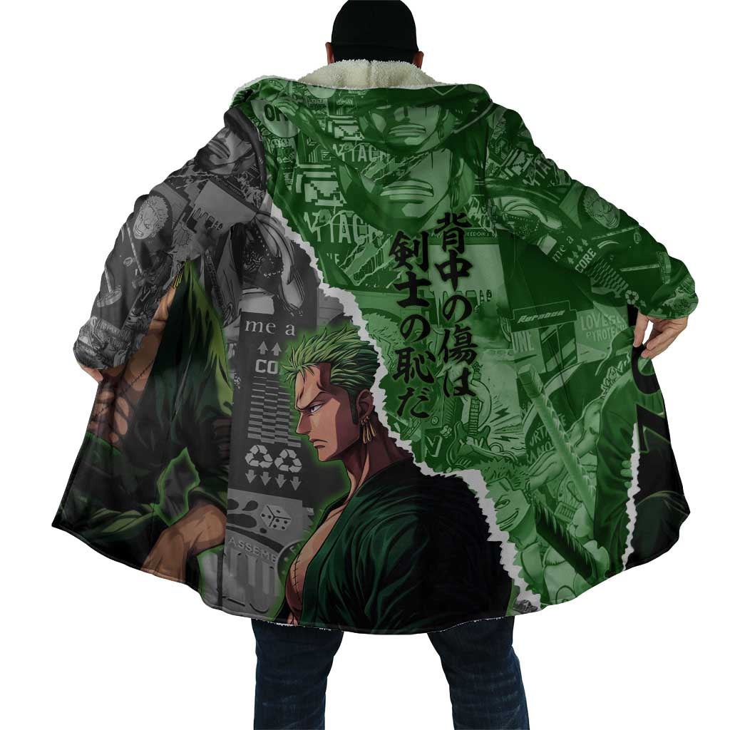 Zoro One Piece Green Theme Cloak with Manga Collage and Dual Portrait Swordmaster Design - The Mazicc