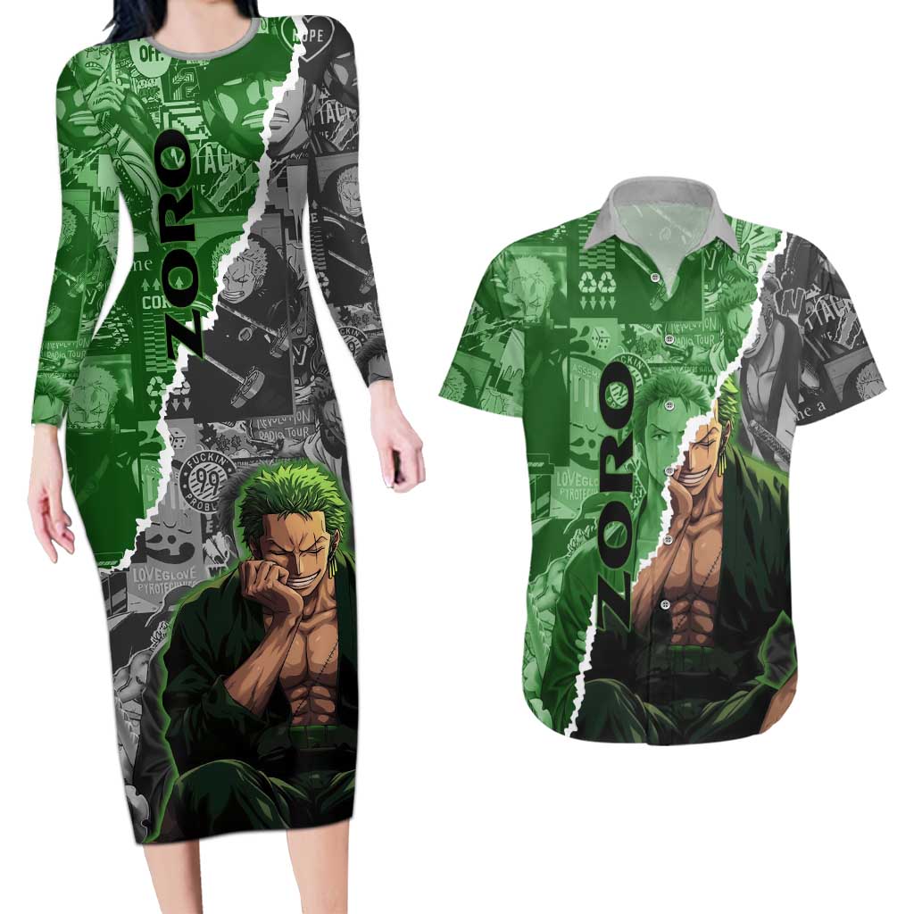 Zoro One Piece Green Theme Couples Matching Long Sleeve Bodycon Dress and Hawaiian Shirt with Manga Collage and Dual Portrait Swordmaster Design - The Mazicc