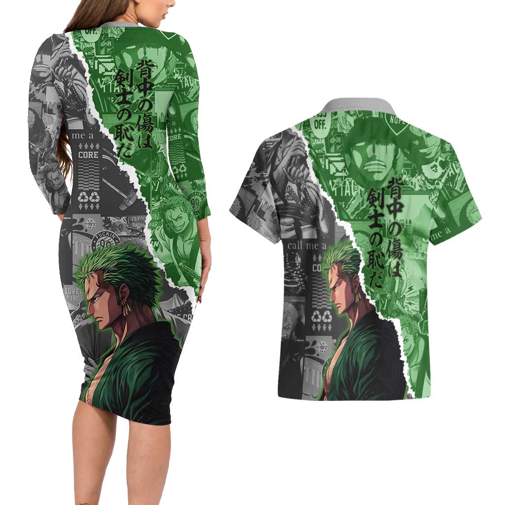 Zoro One Piece Green Theme Couples Matching Long Sleeve Bodycon Dress and Hawaiian Shirt with Manga Collage and Dual Portrait Swordmaster Design - The Mazicc