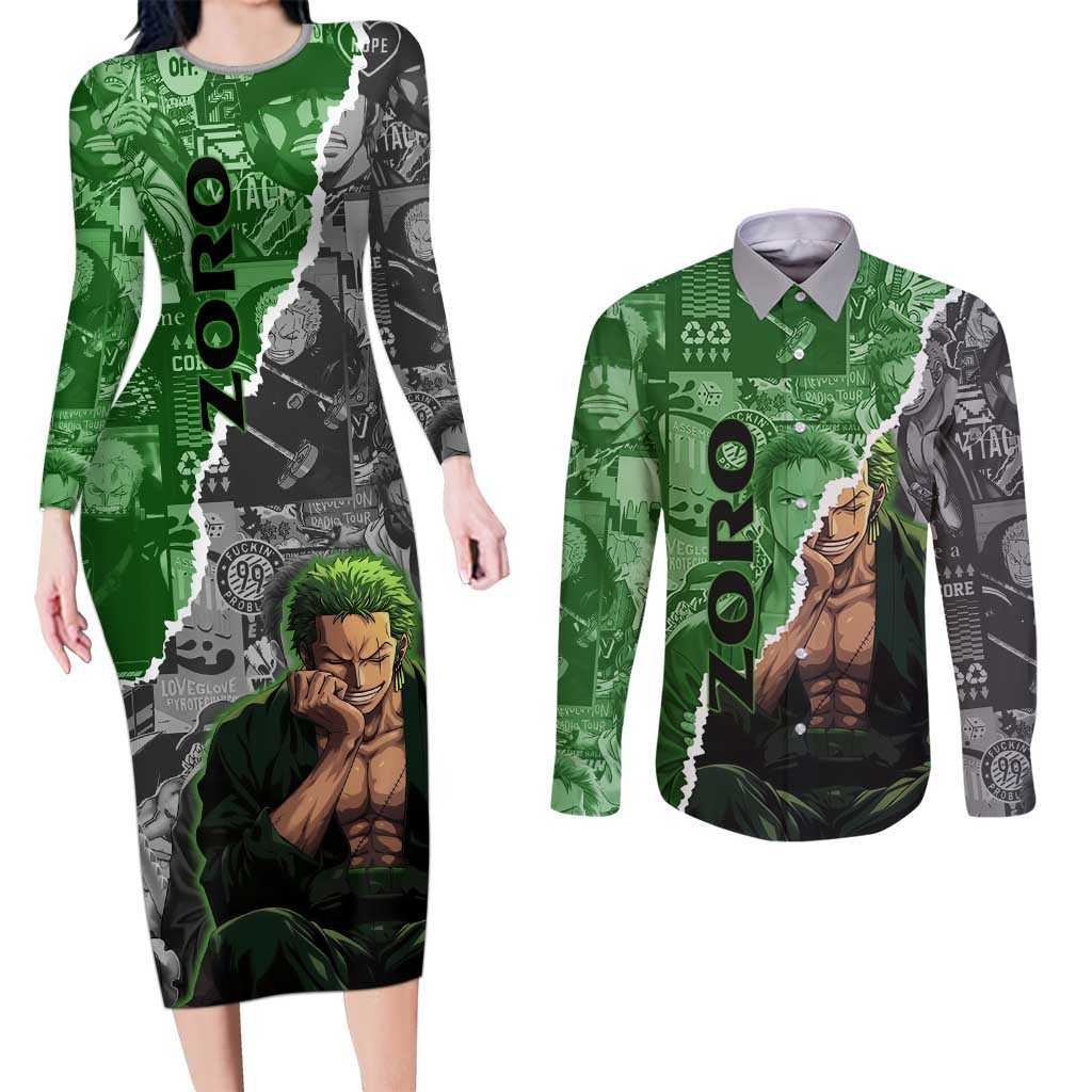 Zoro One Piece Green Theme Couples Matching Long Sleeve Bodycon Dress and Long Sleeve Button Shirt with Manga Collage and Dual Portrait Swordmaster Design - The Mazicc