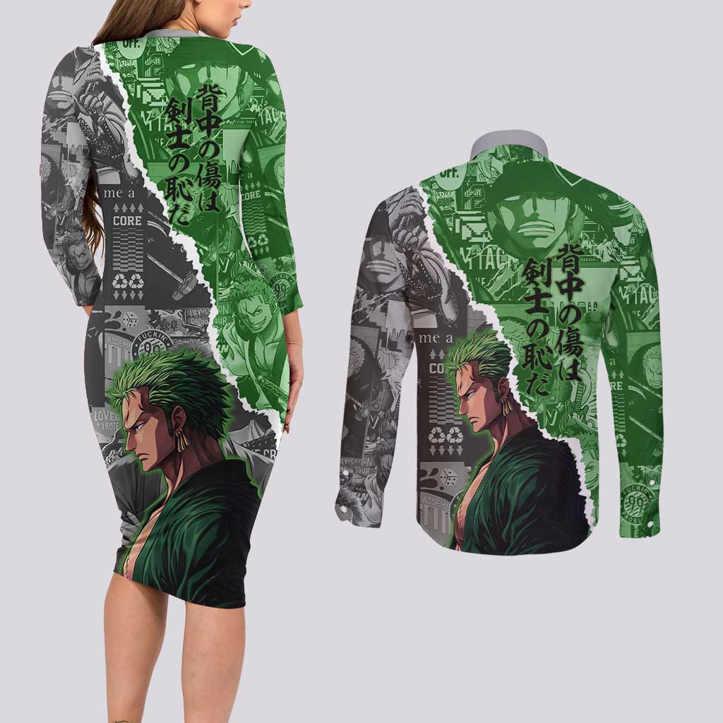 Zoro One Piece Green Theme Couples Matching Long Sleeve Bodycon Dress and Long Sleeve Button Shirt with Manga Collage and Dual Portrait Swordmaster Design - The Mazicc