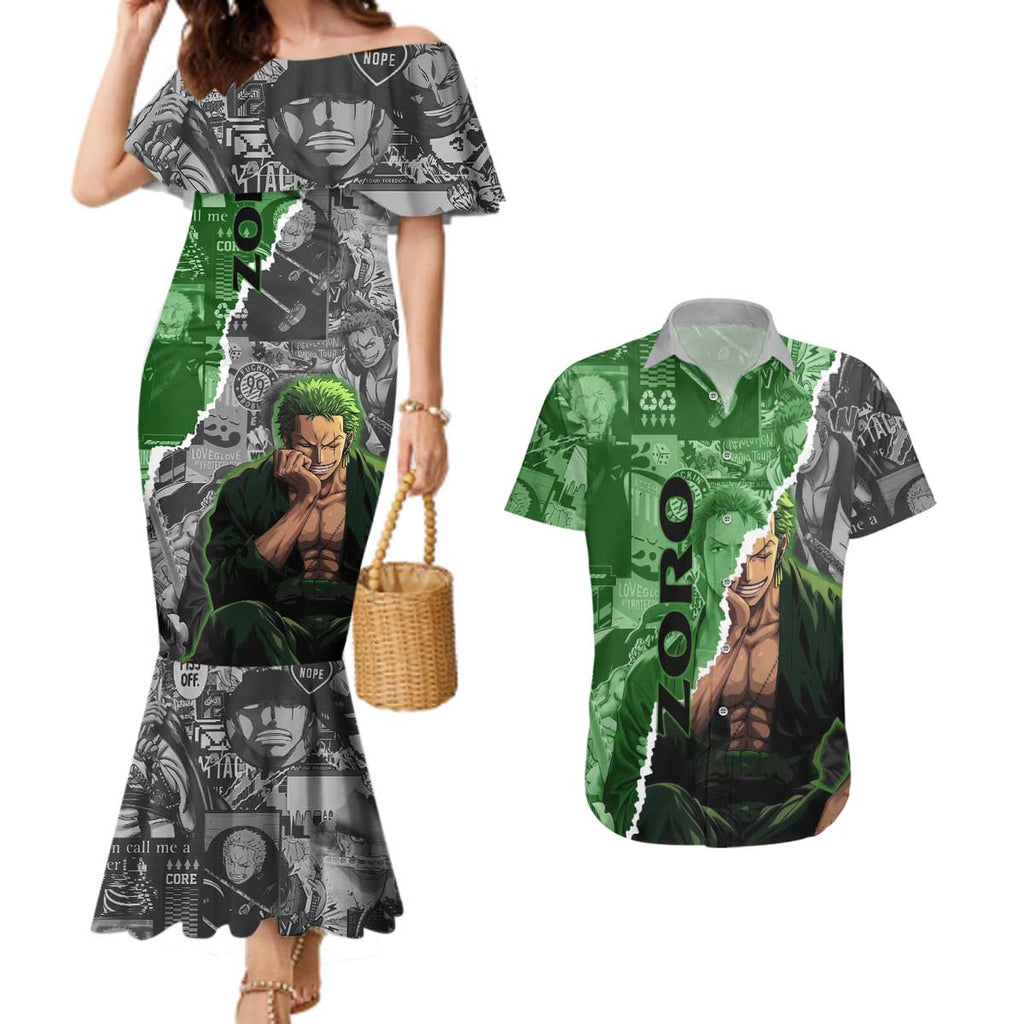 Zoro One Piece Green Theme Couples Matching Mermaid Dress and Hawaiian Shirt with Manga Collage and Dual Portrait Swordmaster Design - The Mazicc