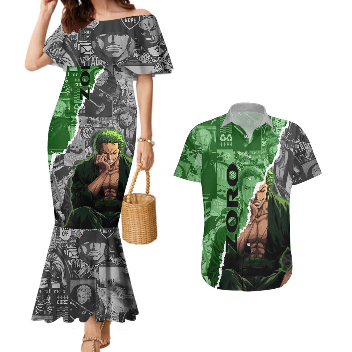 Zoro One Piece Green Theme Couples Matching Mermaid Dress and Hawaiian Shirt with Manga Collage and Dual Portrait Swordmaster Design - The Mazicc