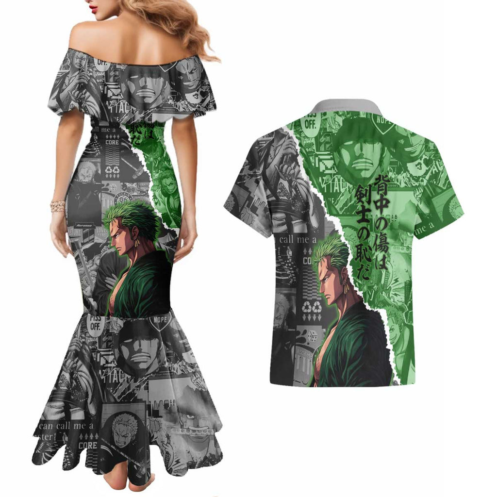 Zoro One Piece Green Theme Couples Matching Mermaid Dress and Hawaiian Shirt with Manga Collage and Dual Portrait Swordmaster Design - The Mazicc