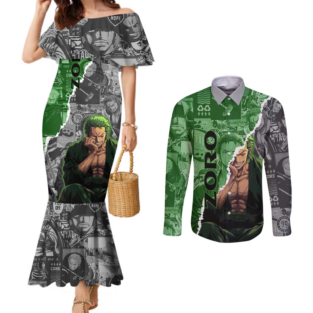 Zoro One Piece Green Theme Couples Matching Mermaid Dress and Long Sleeve Button Shirt with Manga Collage and Dual Portrait Swordmaster Design - The Mazicc