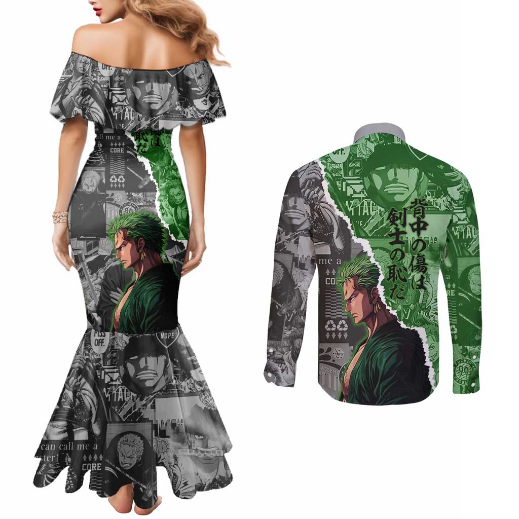 Zoro One Piece Green Theme Couples Matching Mermaid Dress and Long Sleeve Button Shirt with Manga Collage and Dual Portrait Swordmaster Design - The Mazicc