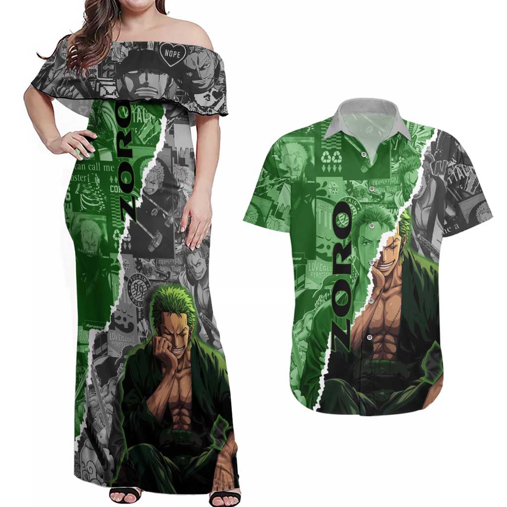 Zoro One Piece Green Theme Couples Matching Off Shoulder Maxi Dress and Hawaiian Shirt with Manga Collage and Dual Portrait Swordmaster Design - The Mazicc