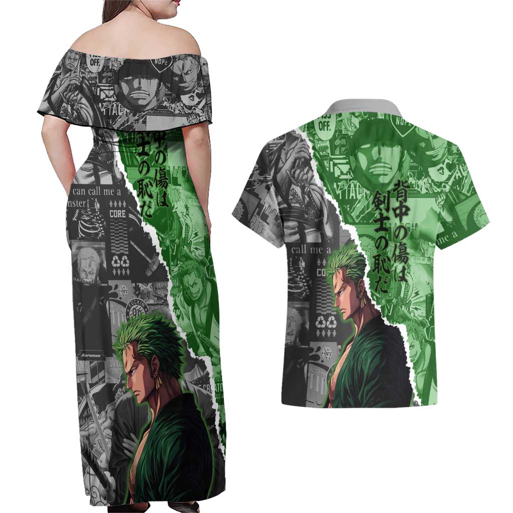 Zoro One Piece Green Theme Couples Matching Off Shoulder Maxi Dress and Hawaiian Shirt with Manga Collage and Dual Portrait Swordmaster Design - The Mazicc