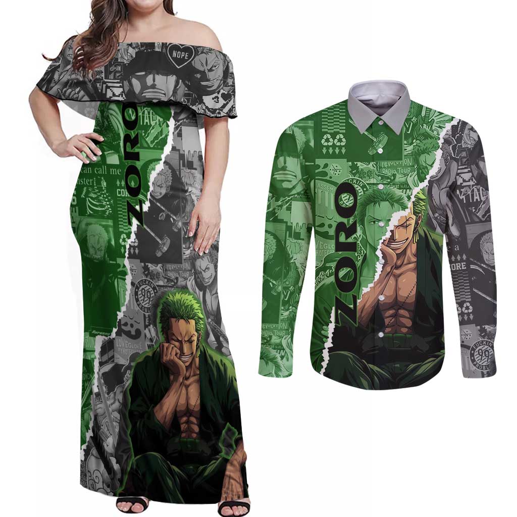 Zoro One Piece Green Theme Couples Matching Off Shoulder Maxi Dress and Long Sleeve Button Shirt with Manga Collage and Dual Portrait Swordmaster Design - The Mazicc