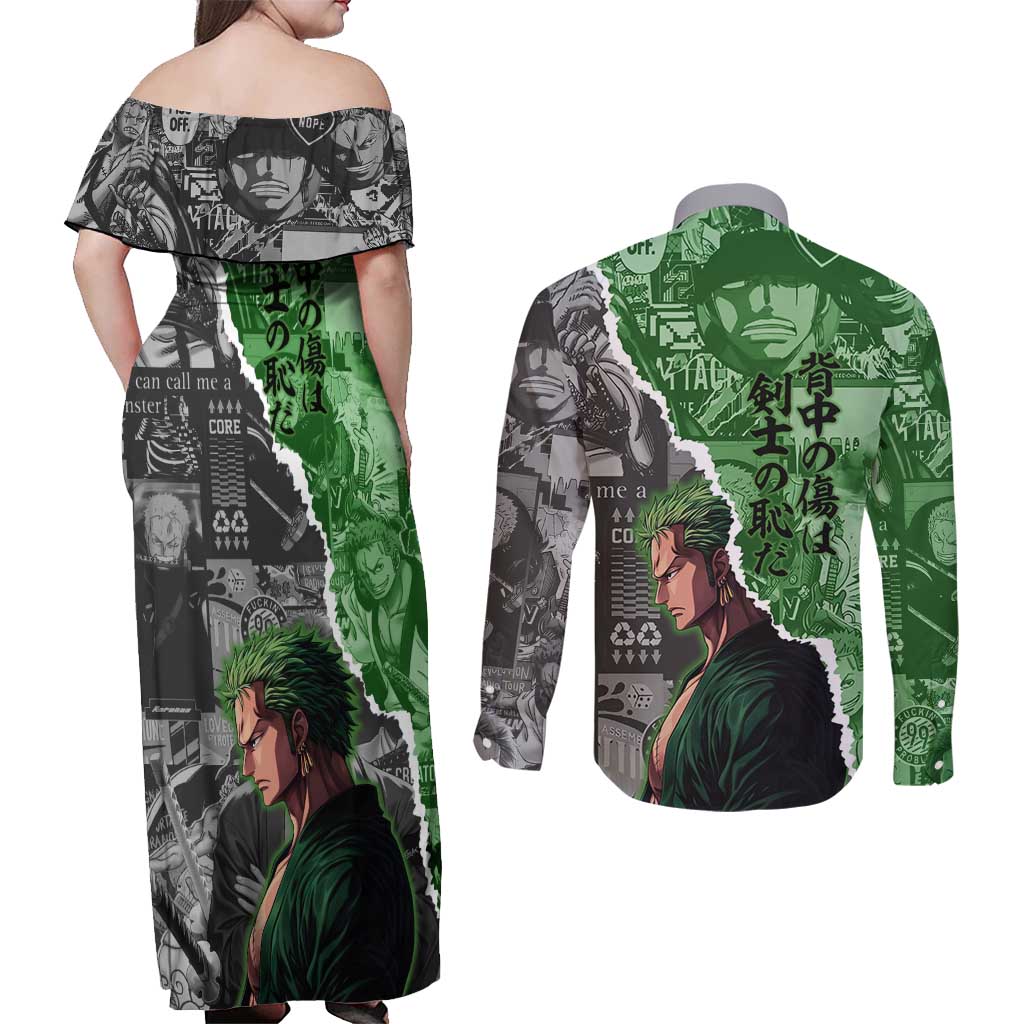 Zoro One Piece Green Theme Couples Matching Off Shoulder Maxi Dress and Long Sleeve Button Shirt with Manga Collage and Dual Portrait Swordmaster Design - The Mazicc