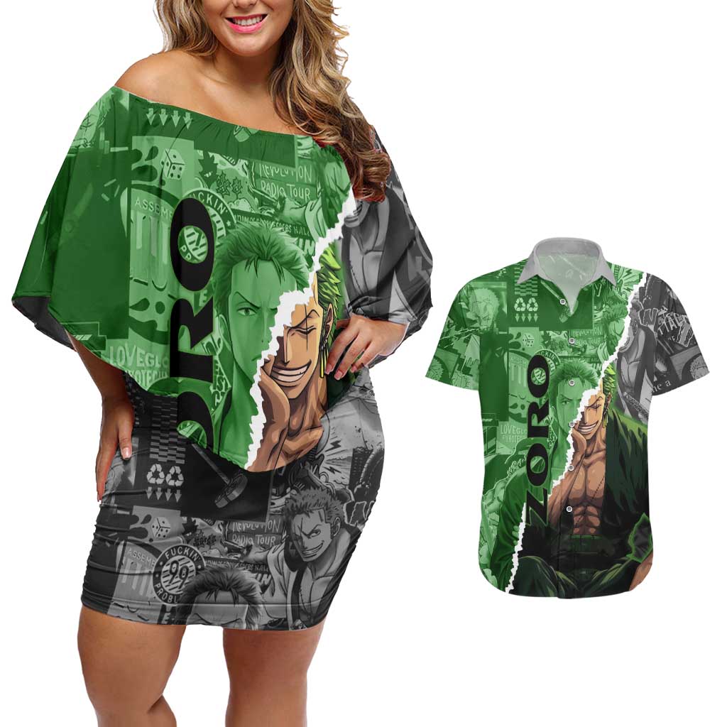 Zoro One Piece Green Theme Couples Matching Off Shoulder Short Dress and Hawaiian Shirt with Manga Collage and Dual Portrait Swordmaster Design - The Mazicc