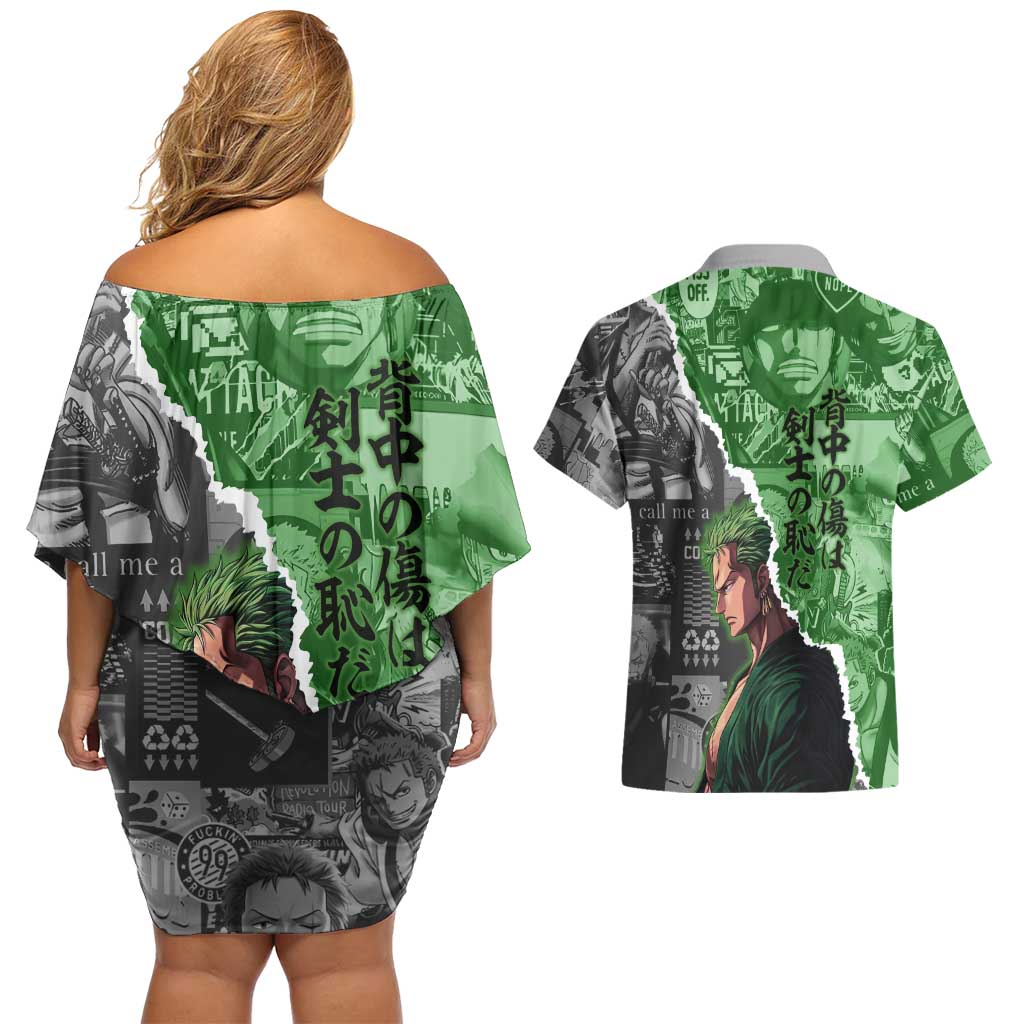 Zoro One Piece Green Theme Couples Matching Off Shoulder Short Dress and Hawaiian Shirt with Manga Collage and Dual Portrait Swordmaster Design - The Mazicc
