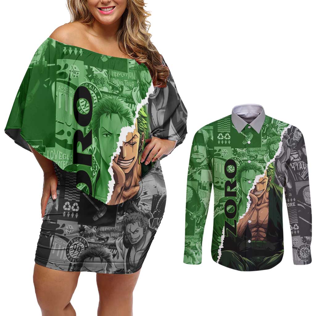 Zoro One Piece Green Theme Couples Matching Off Shoulder Short Dress and Long Sleeve Button Shirt with Manga Collage and Dual Portrait Swordmaster Design - The Mazicc