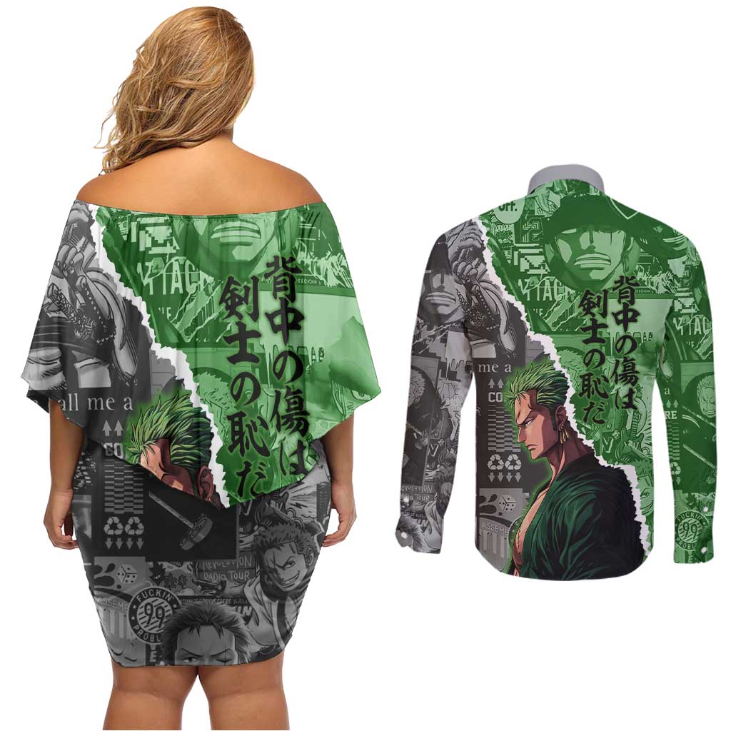 Zoro One Piece Green Theme Couples Matching Off Shoulder Short Dress and Long Sleeve Button Shirt with Manga Collage and Dual Portrait Swordmaster Design - The Mazicc