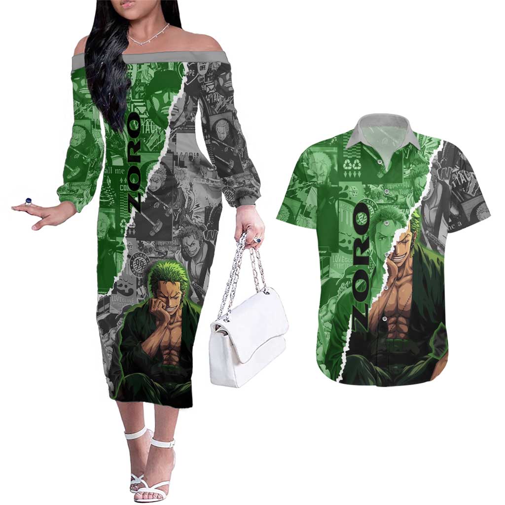 Zoro One Piece Green Theme Couples Matching Off The Shoulder Long Sleeve Dress and Hawaiian Shirt with Manga Collage and Dual Portrait Swordmaster Design - The Mazicc