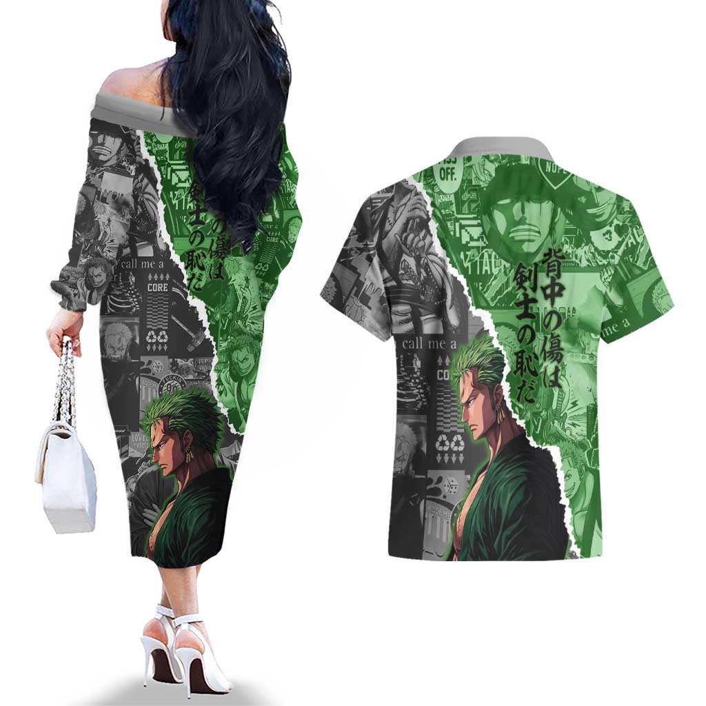 Zoro One Piece Green Theme Couples Matching Off The Shoulder Long Sleeve Dress and Hawaiian Shirt with Manga Collage and Dual Portrait Swordmaster Design - The Mazicc