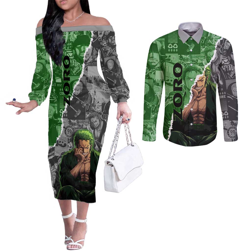 Zoro One Piece Green Theme Couples Matching Off The Shoulder Long Sleeve Dress and Long Sleeve Button Shirt with Manga Collage and Dual Portrait Swordmaster Design - The Mazicc
