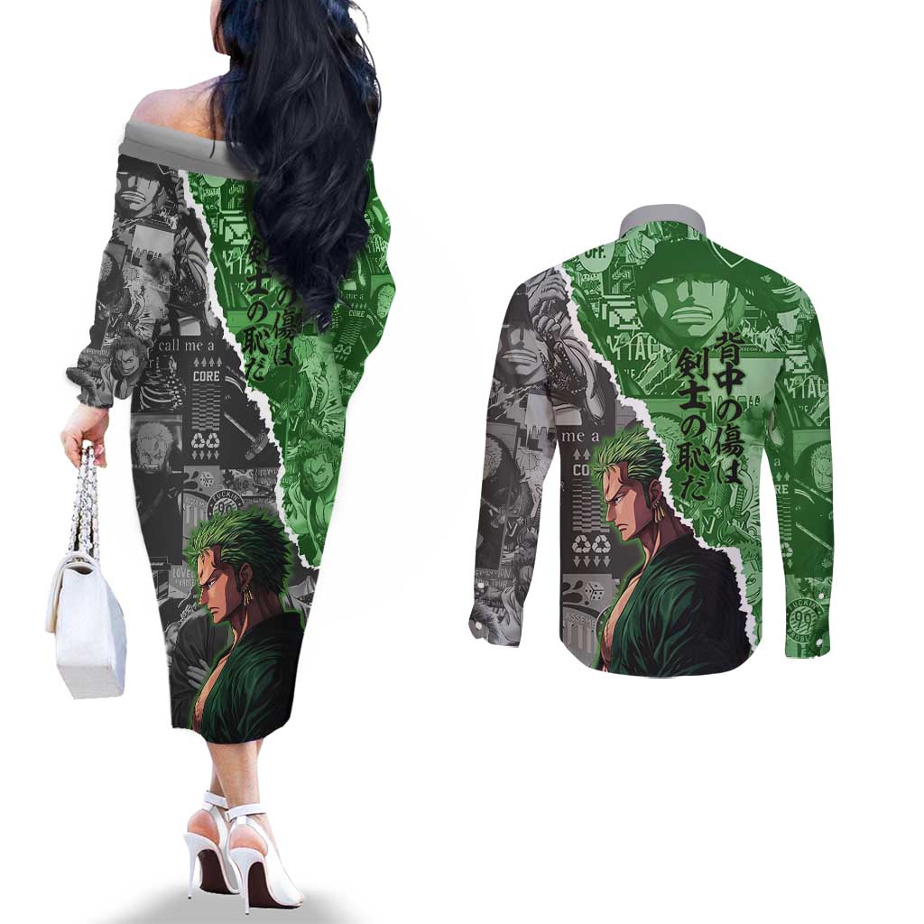 Zoro One Piece Green Theme Couples Matching Off The Shoulder Long Sleeve Dress and Long Sleeve Button Shirt with Manga Collage and Dual Portrait Swordmaster Design - The Mazicc