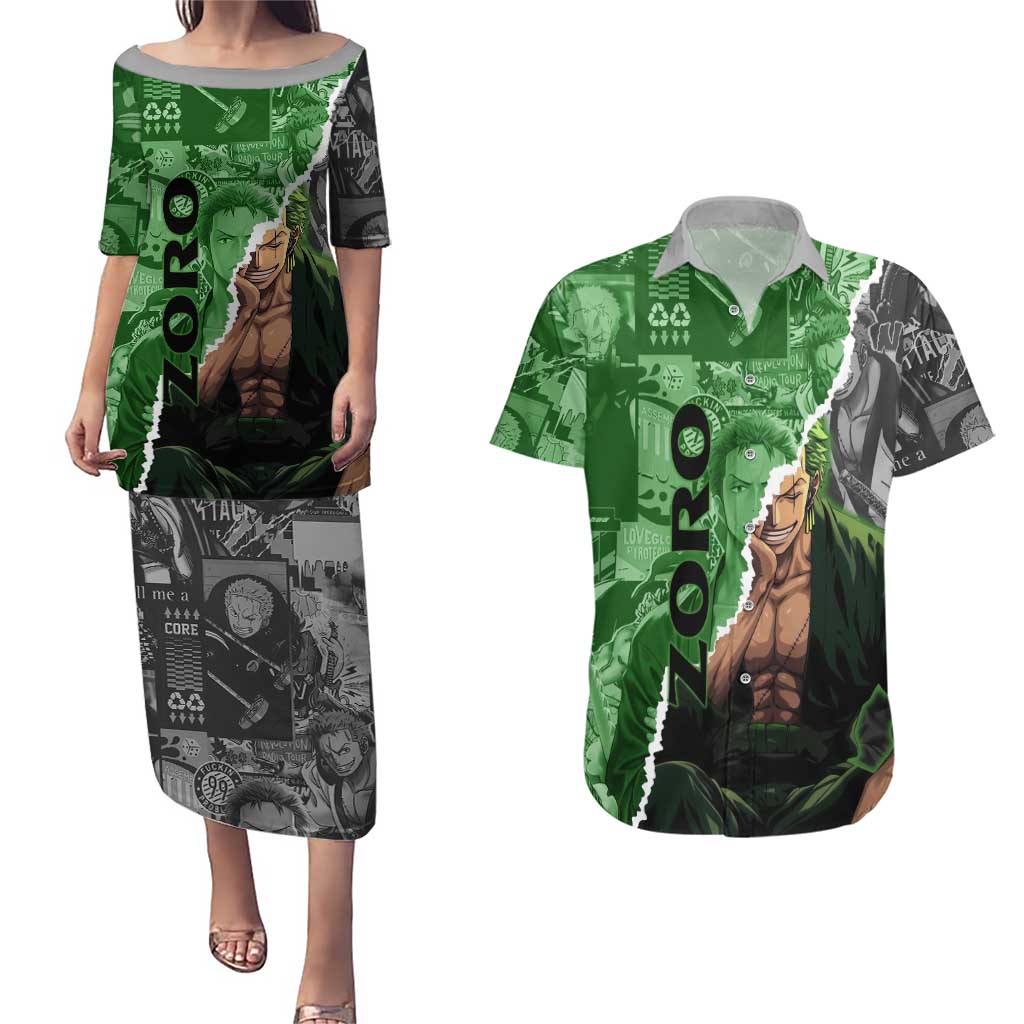 Zoro One Piece Green Theme Couples Matching Puletasi and Hawaiian Shirt with Manga Collage and Dual Portrait Swordmaster Design - The Mazicc