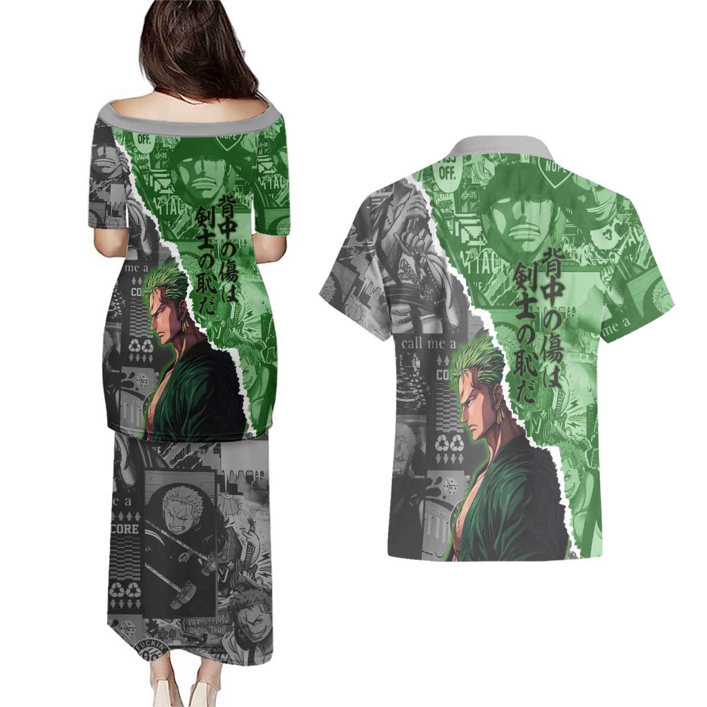 Zoro One Piece Green Theme Couples Matching Puletasi and Hawaiian Shirt with Manga Collage and Dual Portrait Swordmaster Design - The Mazicc