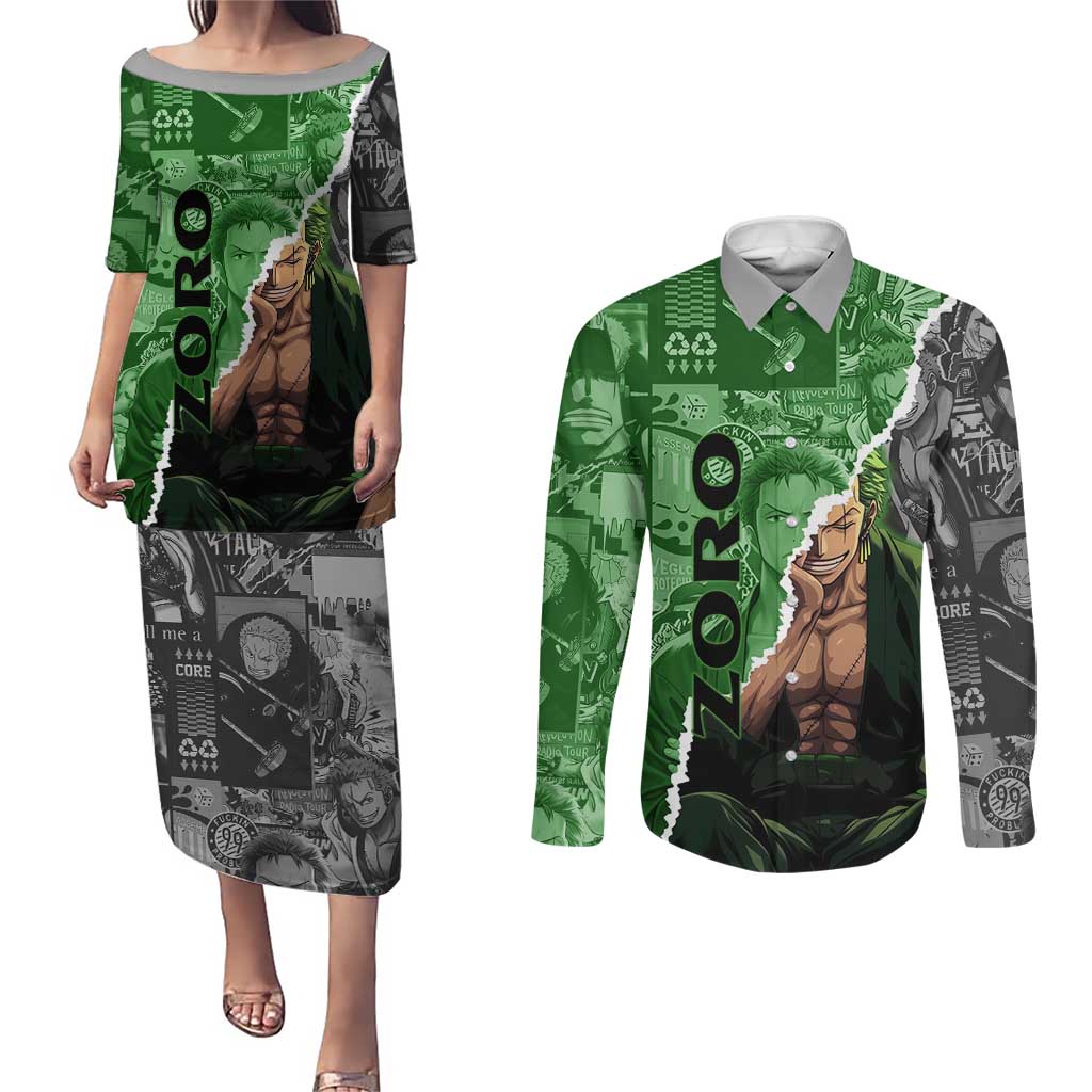 Zoro One Piece Green Theme Couples Matching Puletasi and Long Sleeve Button Shirt with Manga Collage and Dual Portrait Swordmaster Design - The Mazicc
