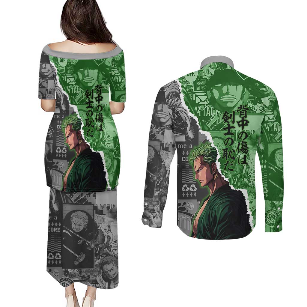 Zoro One Piece Green Theme Couples Matching Puletasi and Long Sleeve Button Shirt with Manga Collage and Dual Portrait Swordmaster Design - The Mazicc