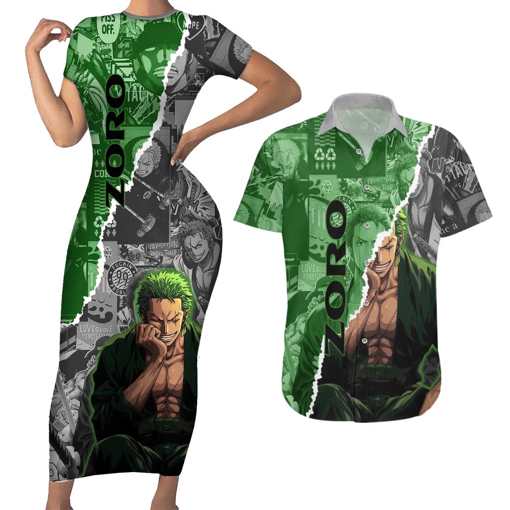 Zoro One Piece Green Theme Couples Matching Short Sleeve Bodycon Dress and Hawaiian Shirt with Manga Collage and Dual Portrait Swordmaster Design - The Mazicc